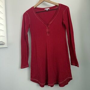 Gap XS Y2K Cherry Red Henley Tunic Long Sleeve Waffle Knit Lounge Flowy Relaxed